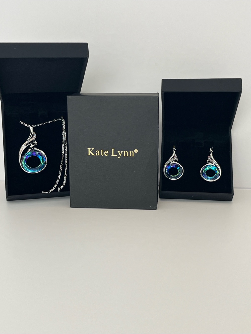 Kate Lynn Silver-Tone Blue-Green Crystal Pendant Necklace and Earrings Set